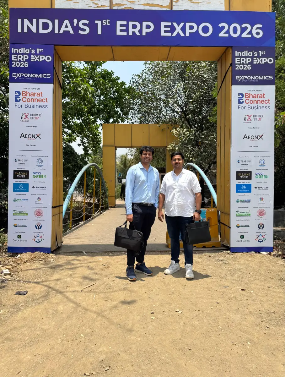 Vedant Awasthi and Yash Gor at the ERP Expo entrance