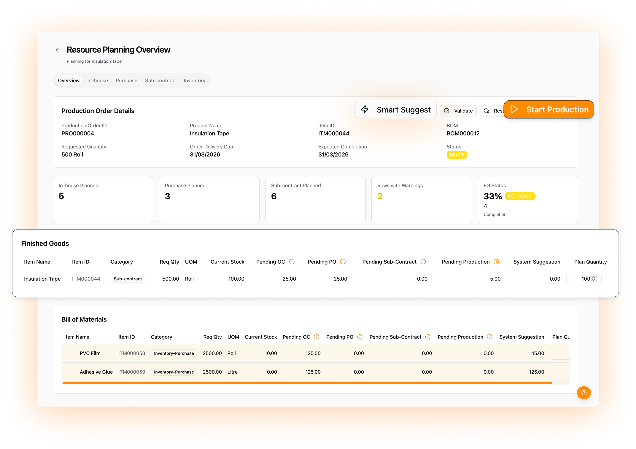 Production planning and quality context in Optiwise