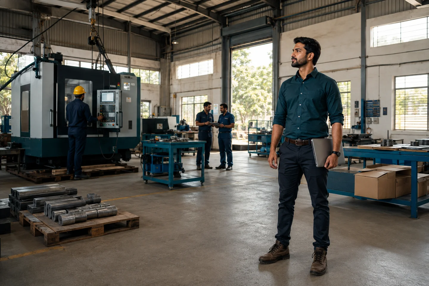 An Indian manufacturing founder in a new workshop as the first machines and materials arrive